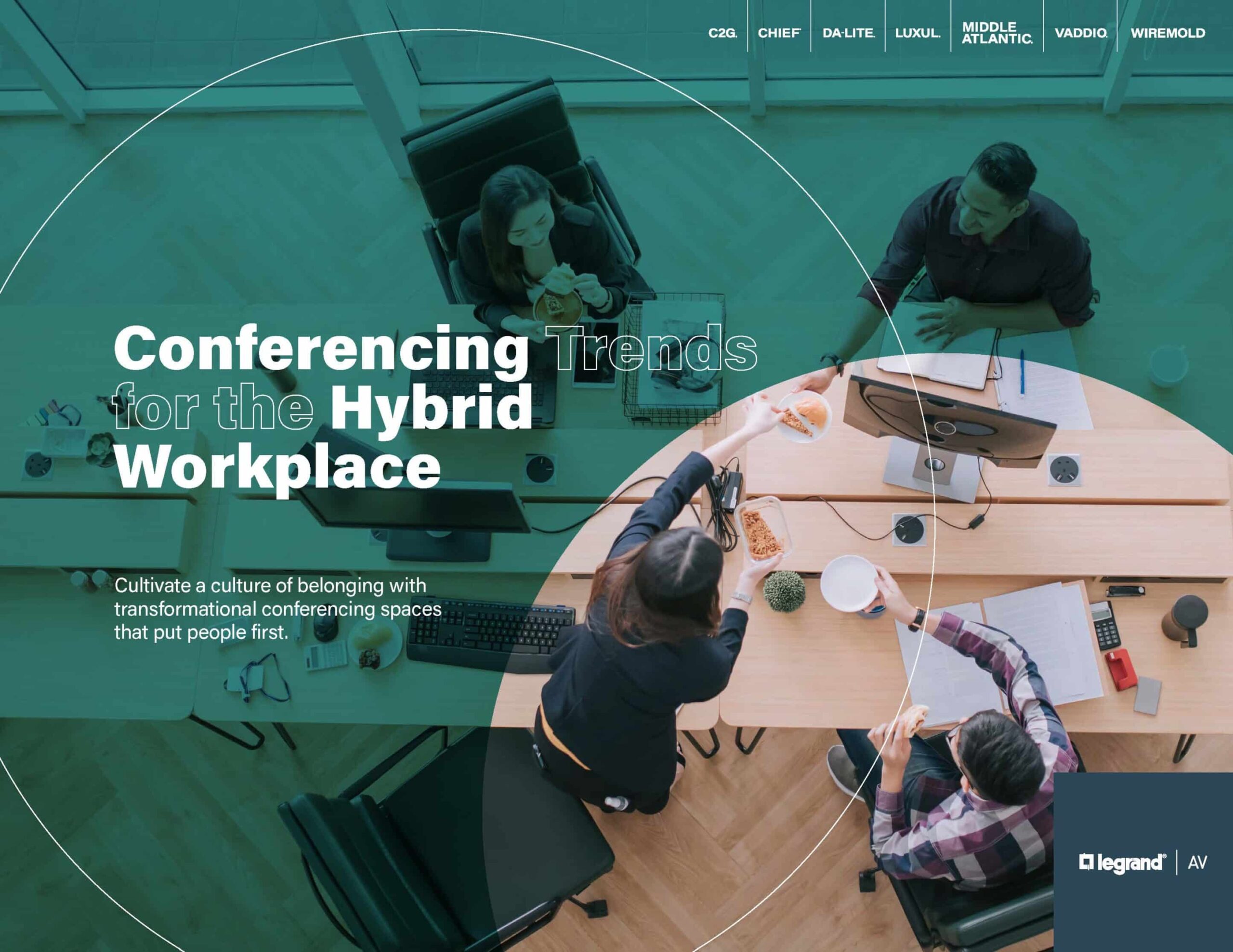 Aerial view: Three people with laptops at a table. Text: Conferencing Trends for the Hybrid Workplace. Geometric design overlay.