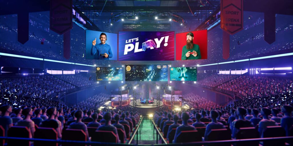 Vibrant esports arena: spectators, screens with Lets Play! Gamers on stage, colorful lights, digital visuals.