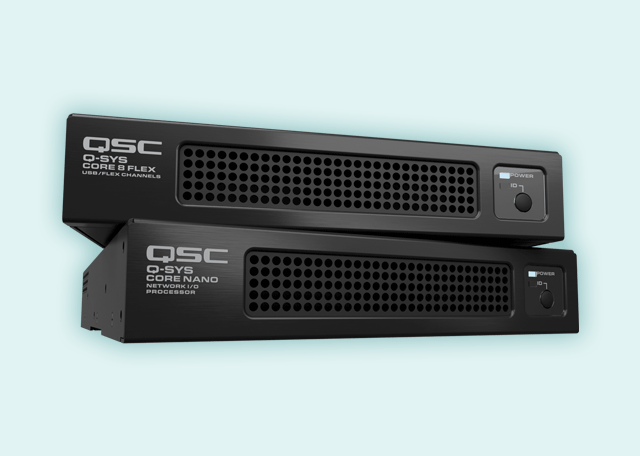 Stack black audio processors on light blue background: Q-SYS Core 8 Flex on top, Q-SYS Core Nano below; both perforated fronts and right power buttons.